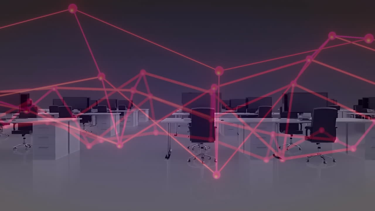 Network of connections and data processing animation over empty office desks