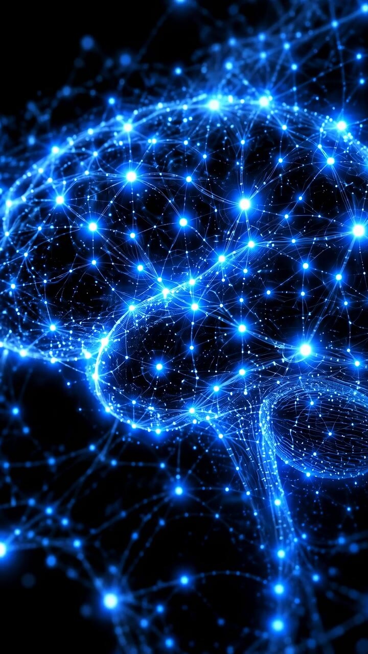 Radiant points pulse across an interconnected wireframe brain while delicate blue pathways and floating particles shimmer in darkness during gentle forward camera movement.