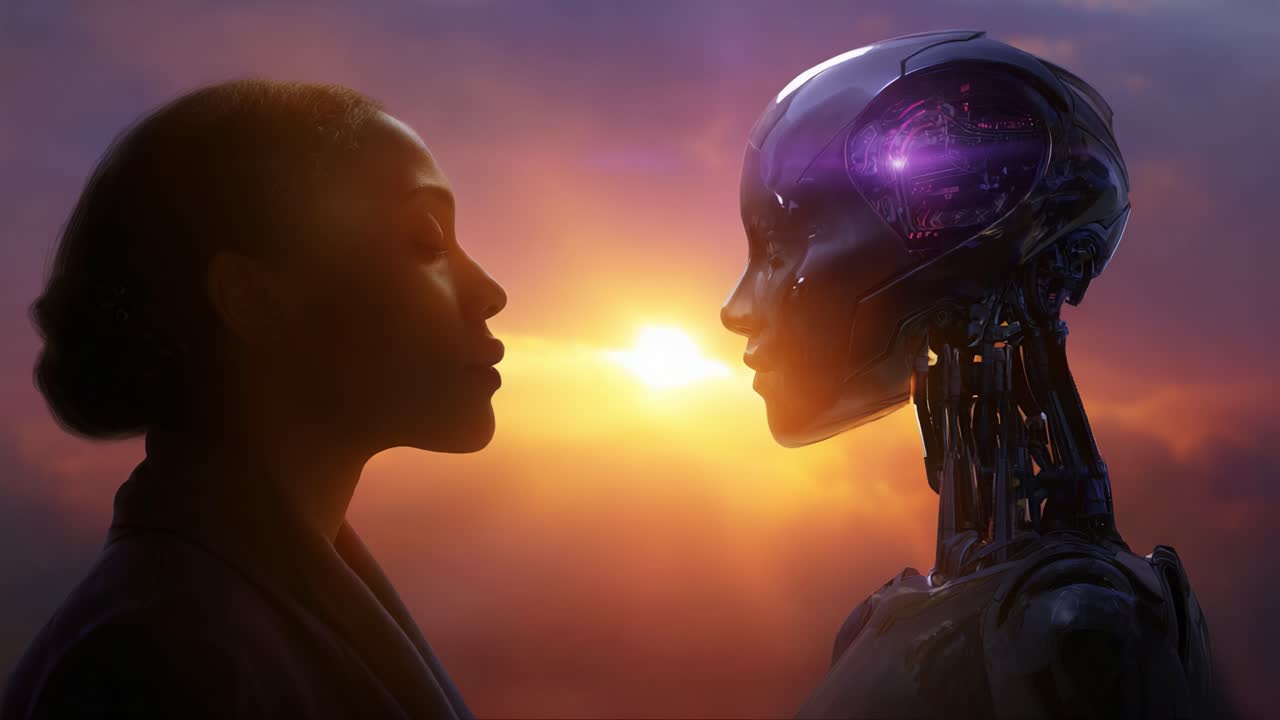 Un moment profond de connexion : un humain et un robot face à face sur fond de coucher de soleil époustouflant, illustrant l’avenir de la technologie et de l’humanité