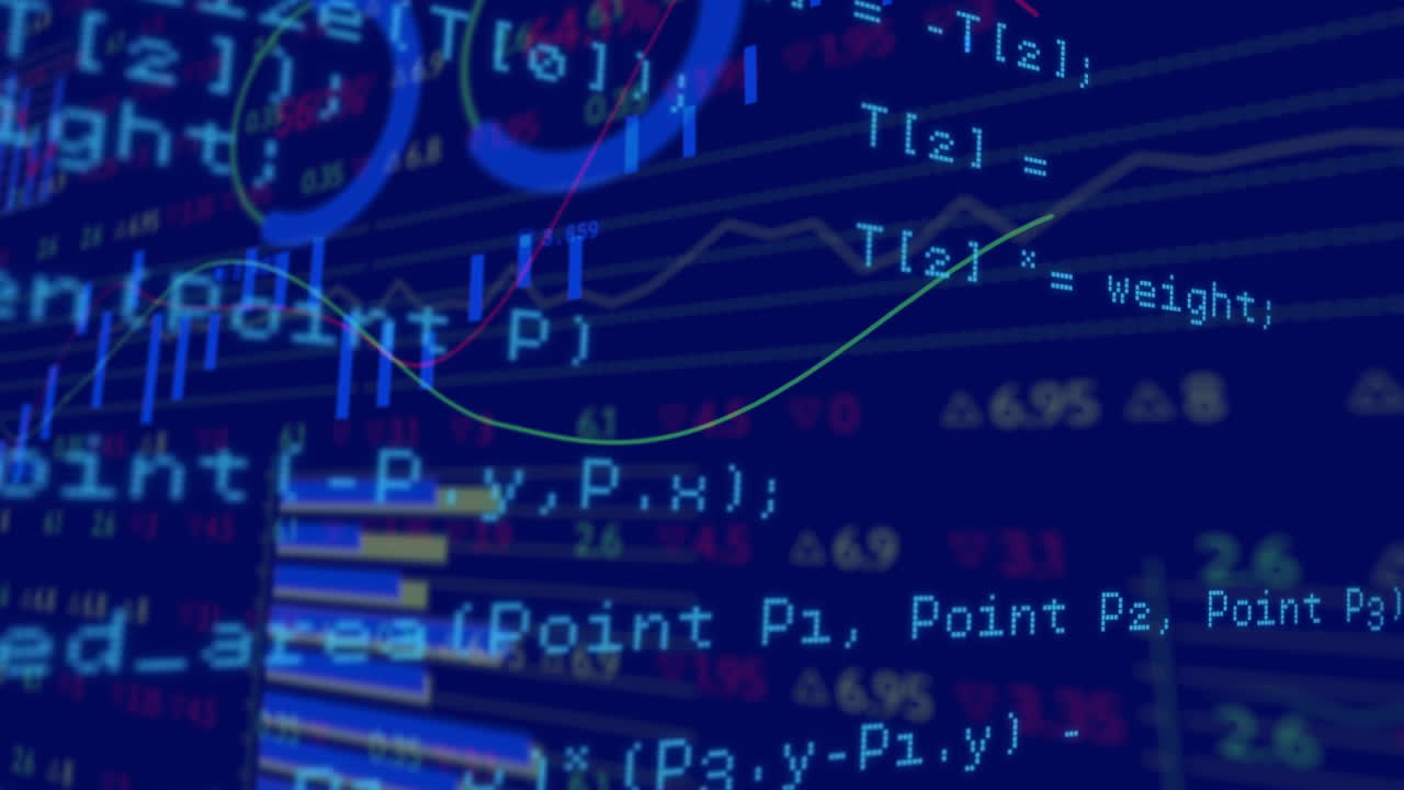 Animation of data processing and diagrams on blue background