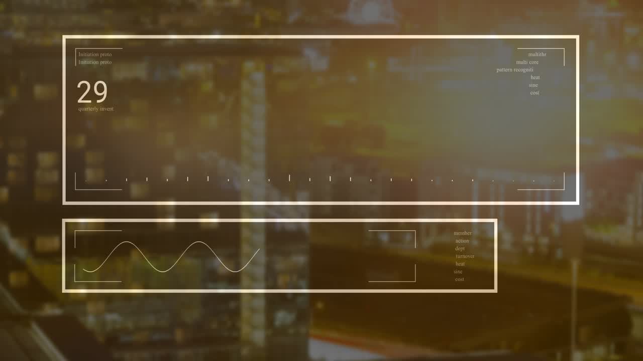 Scena iniziale che avvia un overlay HUD mostrando rettangoli che riempiono i dati, aggiungendo una linea ondulata e barre in aumento.