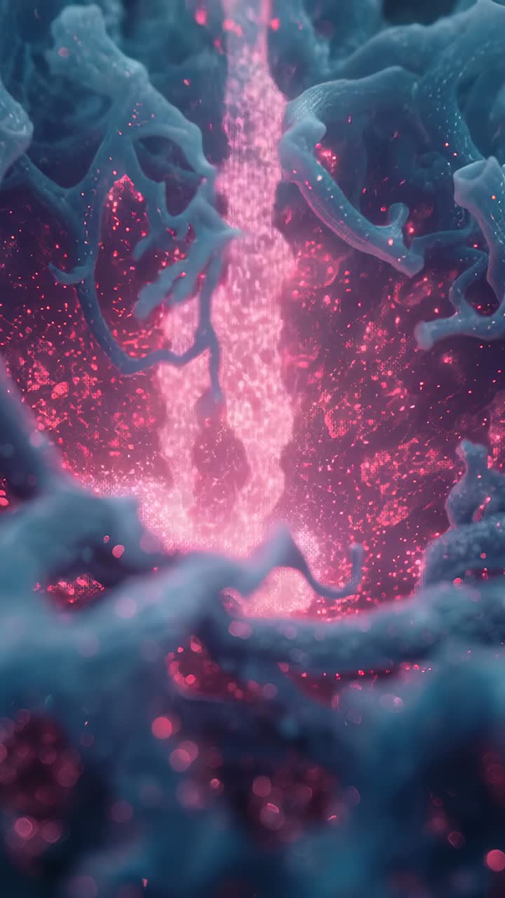 Vertical video: Starting pink stream falling into cave emitting pink specks bowing blue tendrils