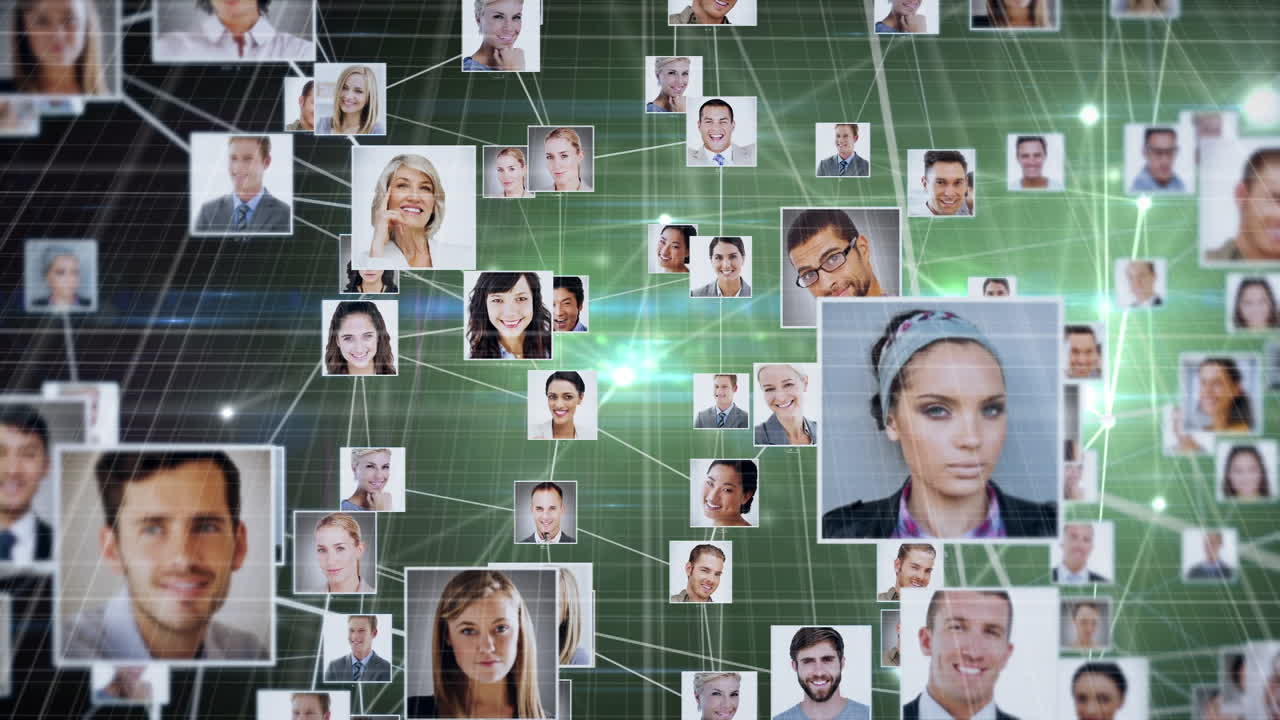 animación del globo con una red de conexiones y fotos de personas