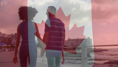 walking along seaside promenade, couple with canadian flag animation overlay