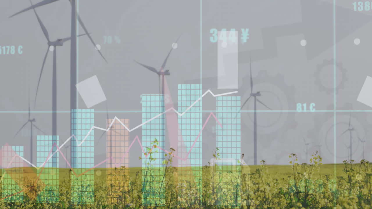 ⁇ 은 하늘을 배경으로 녹색 필드에서 풍차 위에서 변화하는 숫자를 가진 그래프의 애니메이션
