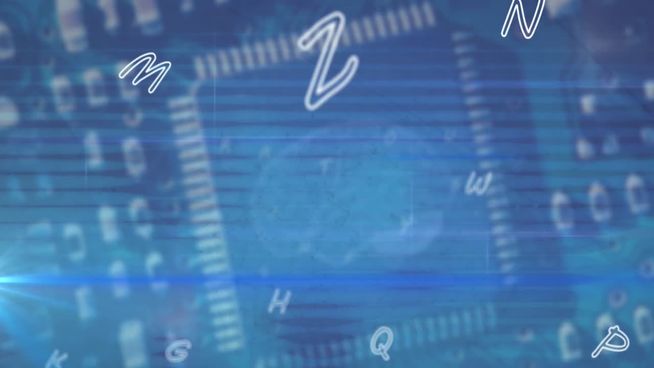 Animation of multiple alphabets floating over close up of a computer server
