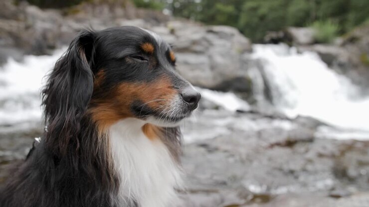 Un mini Pastore australiano seduto con una splendida cascata sullo sfondo