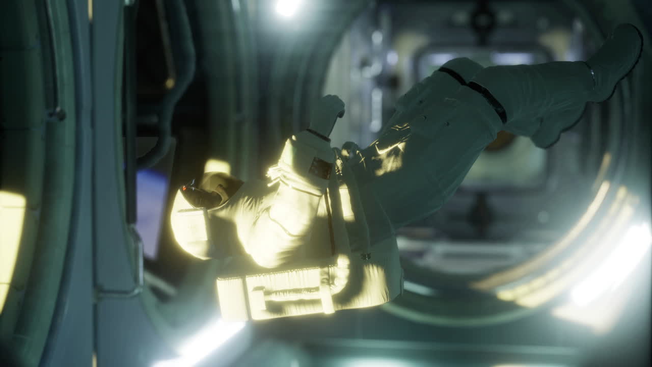 Astronaut floating in a space station