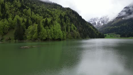 Flotando-Sobre-El-Lago-Obersee-Mostrando-La-Grandeza-De-Los-Alpes-Y-Bosques-Suizos