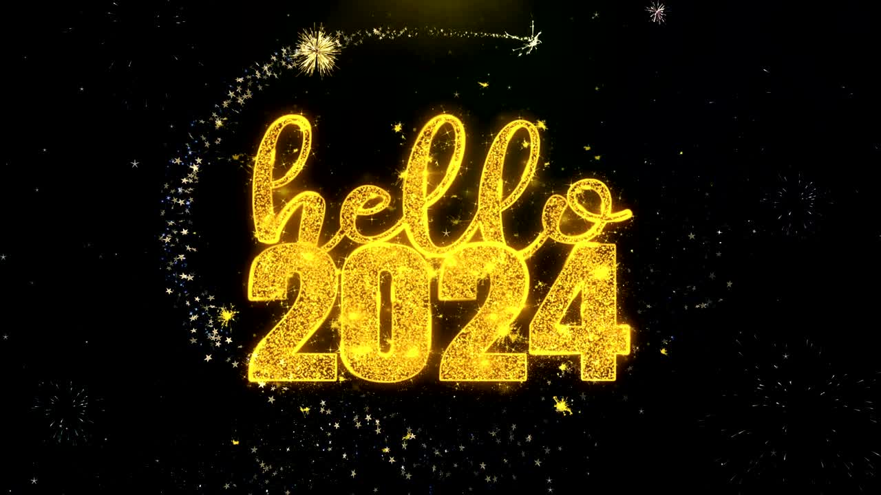 hola 2024 deseo de texto en las partículas de oro exhibición de fuegos artificiales.