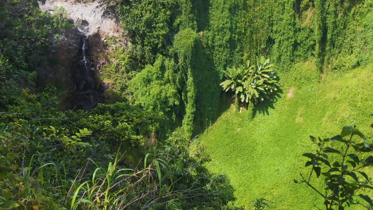 aerial de las cataratas de makahiku panorámica a una vista más amplia del sendero