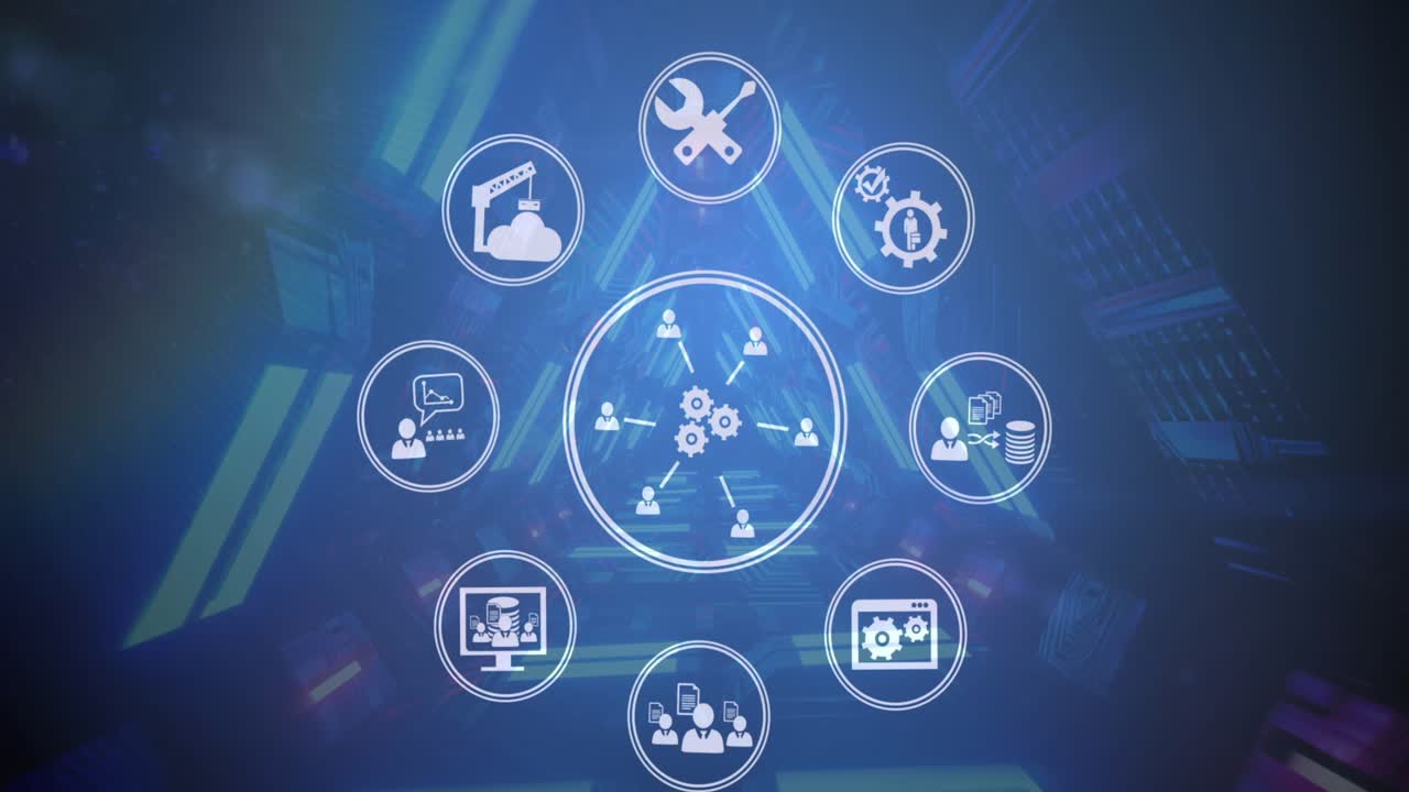 Animation of gears, people, tools, crane, cloud, message icons in circles moving in tunnel