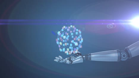 animación de una red de iconos de medios sobre la mano del brazo del robot, con luz pulsante en un fondo oscuro