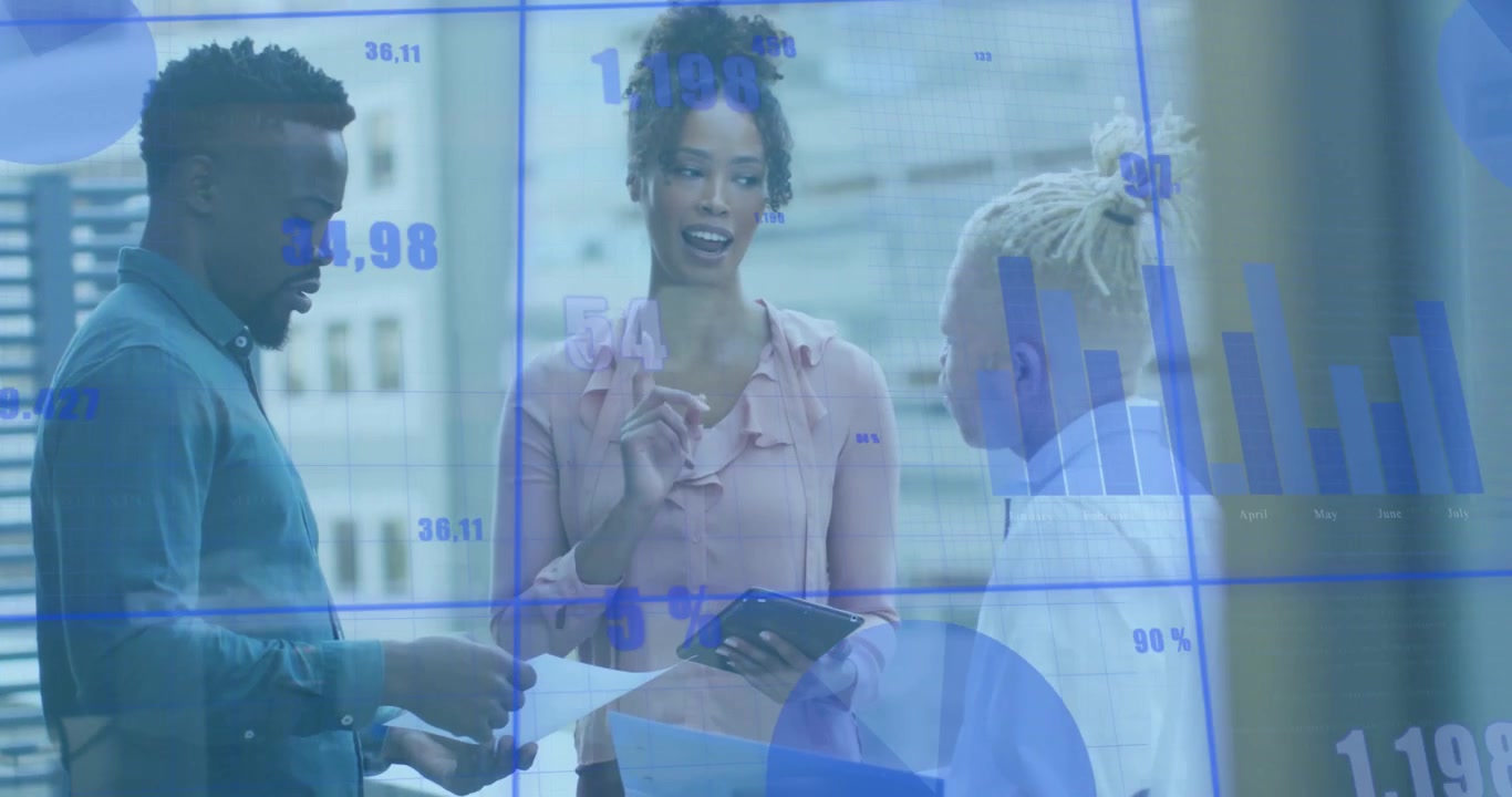 Woman tapping tablet initiating analyzing charts overlay on terrace with business colleagues