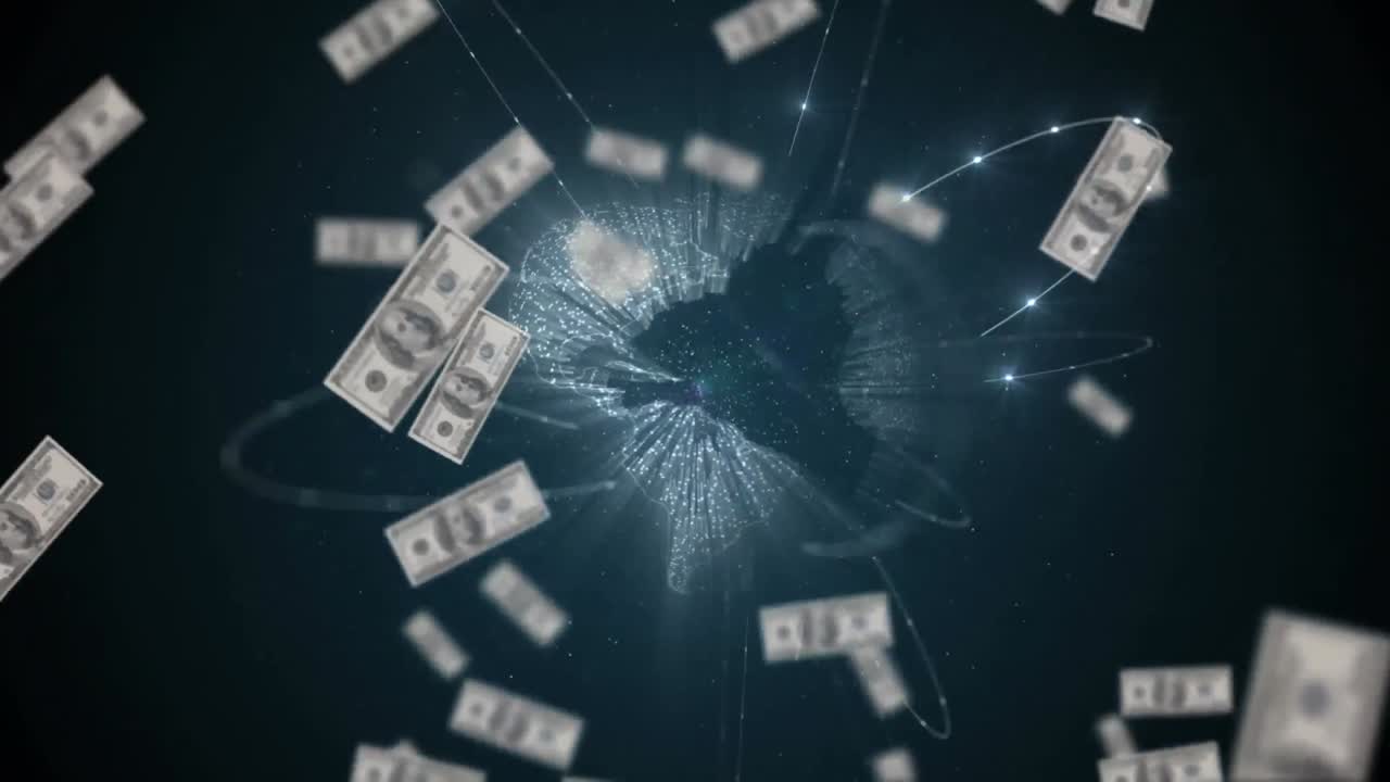 돌고 있는 지구 위 에 떠다니는 달러 의 애니메이션