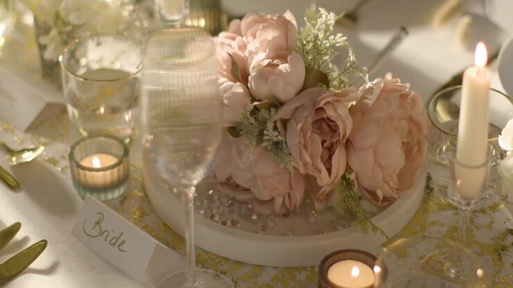 Close Up Of Bouquet On Table Set For Meal At Wedding Reception With Place Card For Bride 2