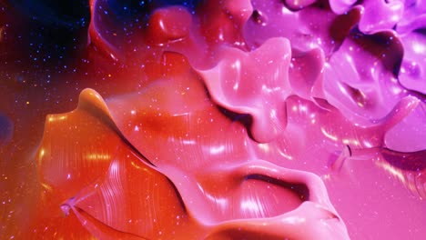 smooth abstract animation of liquid gradient red purple in 4k. bright glossy paint surface as abstract looped festive background. glitters on viscous liquid with 3d splashes on surface like drops.