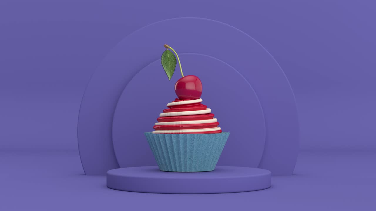4k Resolution Video: Sundae Ice Cream Cupcake with Cherry Rotating over Violet Very Peri Cylinders Products Stage Pedestal on a Violet Very Peri background loop animation