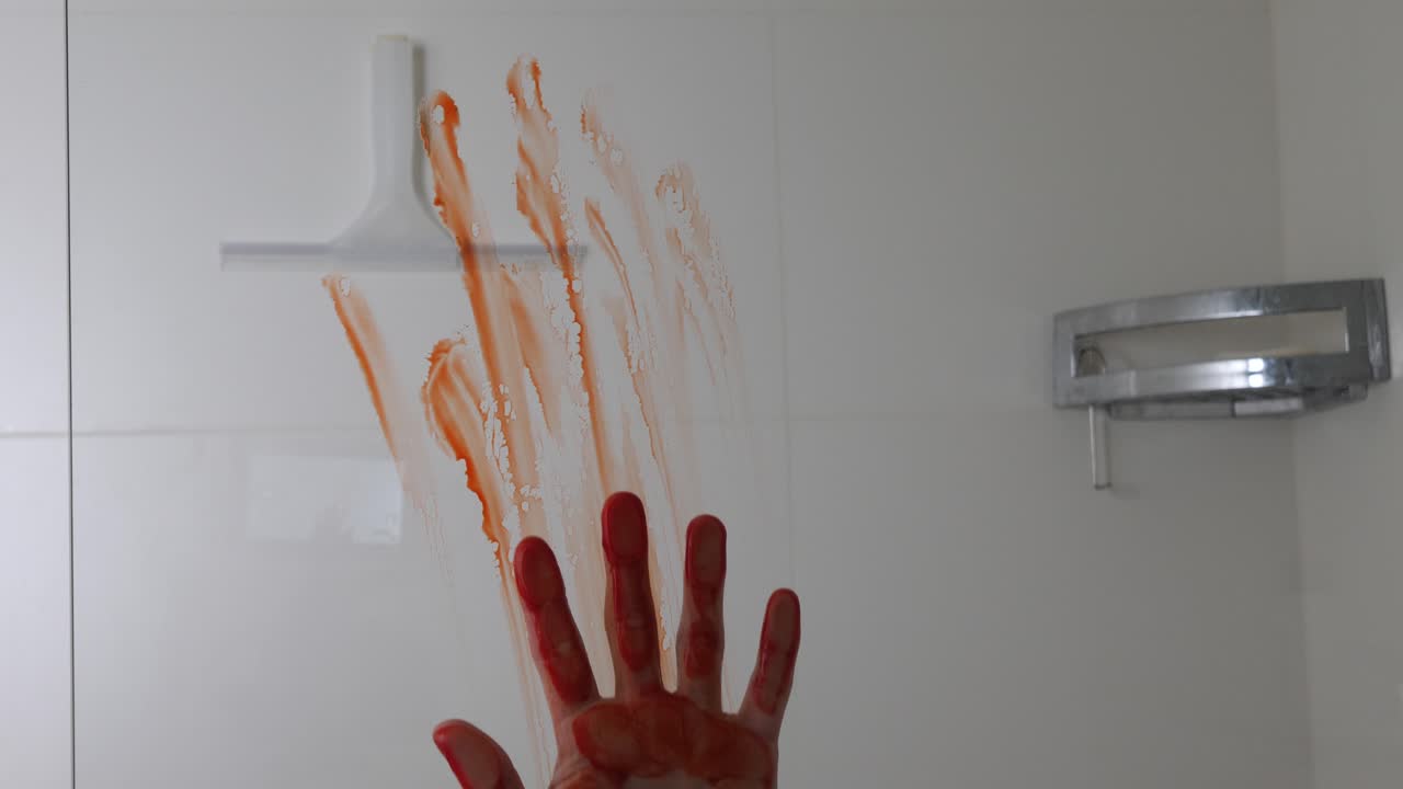 mano cubierta de sangre deslizándose por la puerta de la ducha de cristal por víctima de asesinato