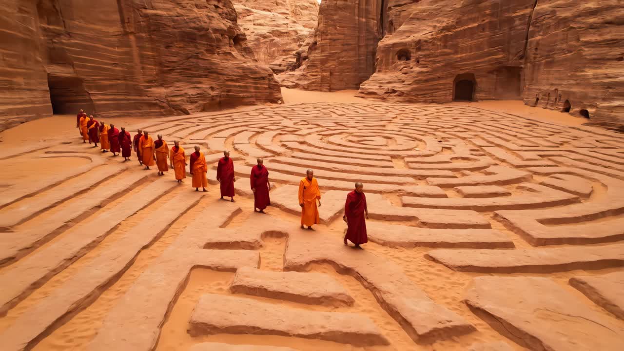 Monks Walking Through a Desert Maze