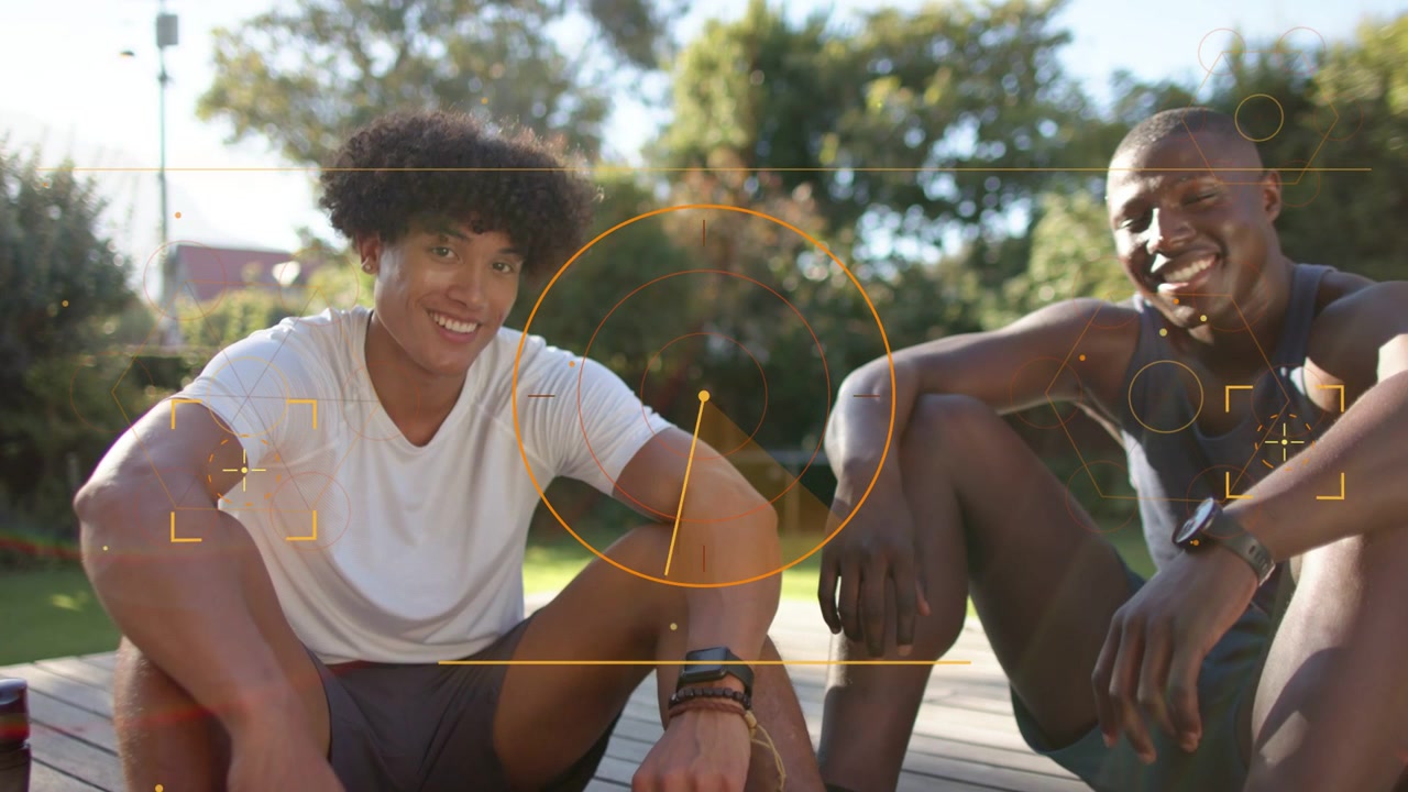 Two men sitting on deck, HUD appearing and rotating, guiding posture shifts for fitness tracking