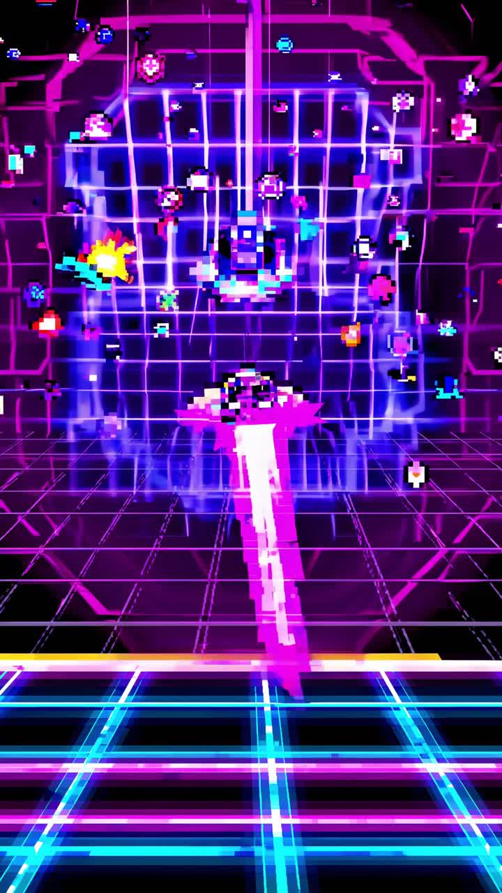 Pixel art spaceship navigating pixelated space, surrounded by neon lit arcade explosions and vibrant retro gaming atmosphere