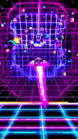 pixel art spaceship navigating pixelated space, surrounded by neon lit arcade explosions and vibrant retro gaming atmosphere