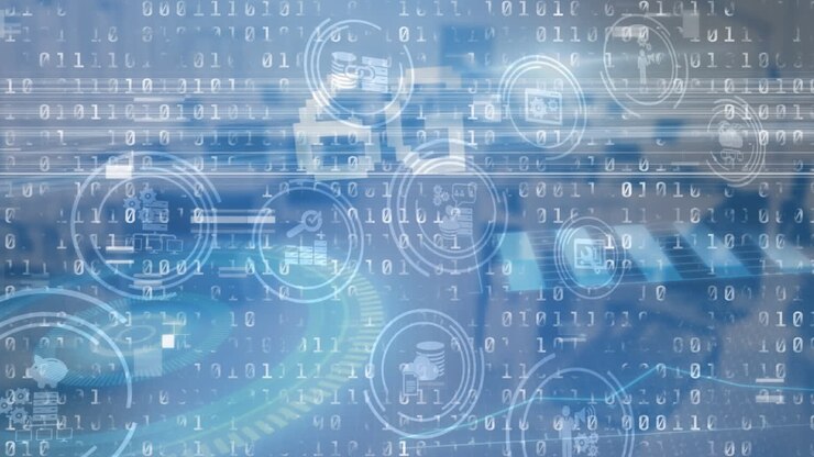 6g text and digital icons over binary coding data processing against empty office in background