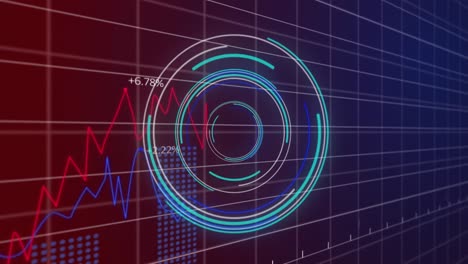 animation of neon round scanner and statistical data processing against purple gradient background