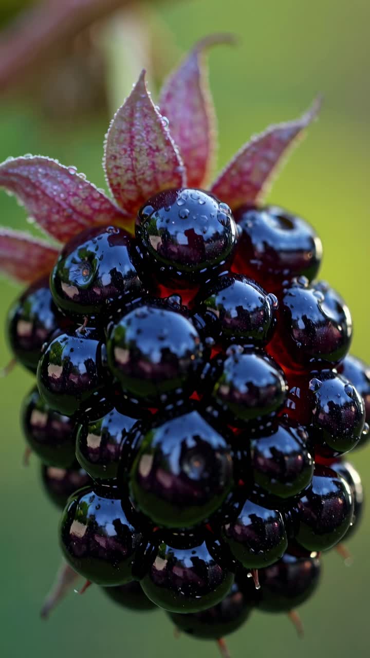 Close-up video of a glossy blackberry with water droplets, captured from a low angle