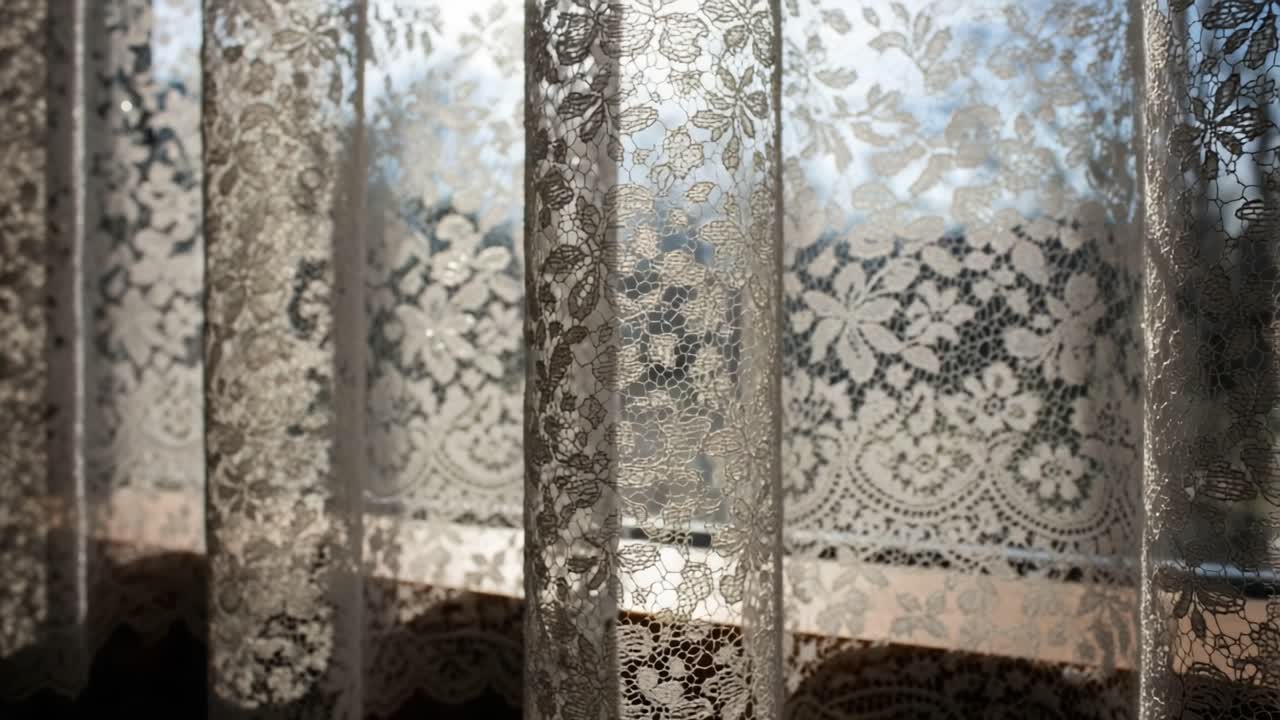 Delicate lace curtains softly filter sunlight, casting intricate shadows and creating a serene atmosphere in the cozy room, enhancing the view of the outside world