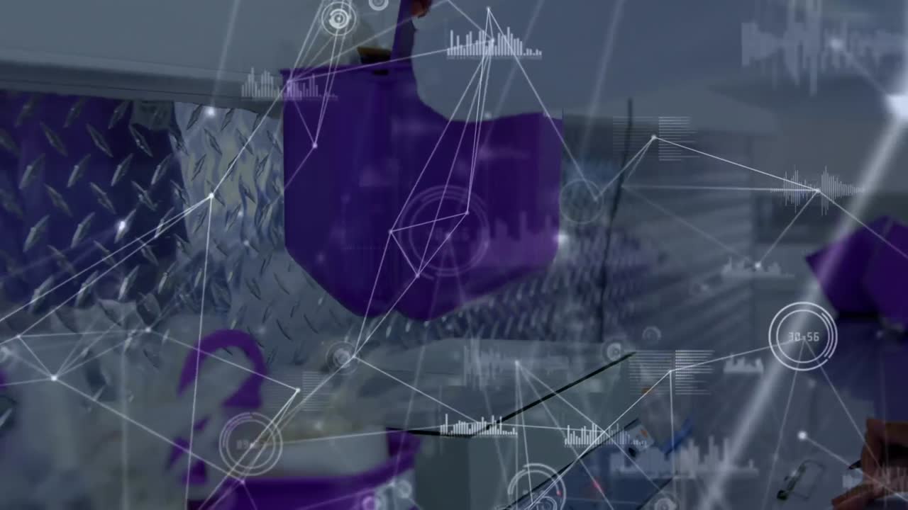 animación de la red de conexiones sobre las manos de un trabajador de laboratorio biracial con muestras