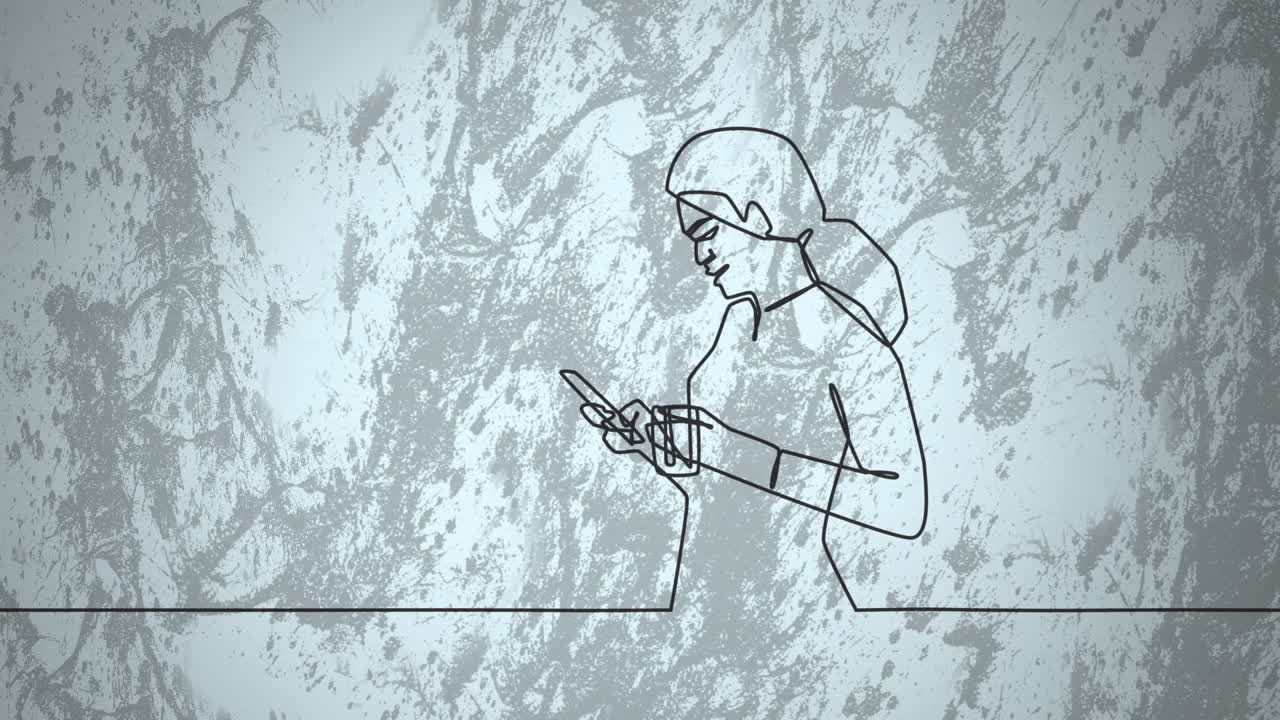 animación de dibujo de una mujer de negocios usando un teléfono inteligente sobre formas en movimiento.