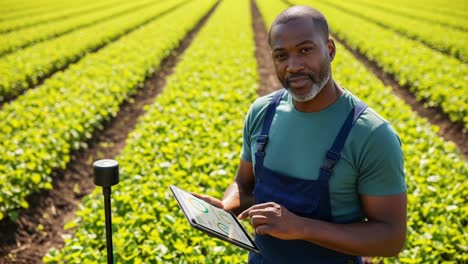 a dedicated farmer analyzing crop data on a tablet in lush green fields: bridging agriculture and technology for optimal harvest management