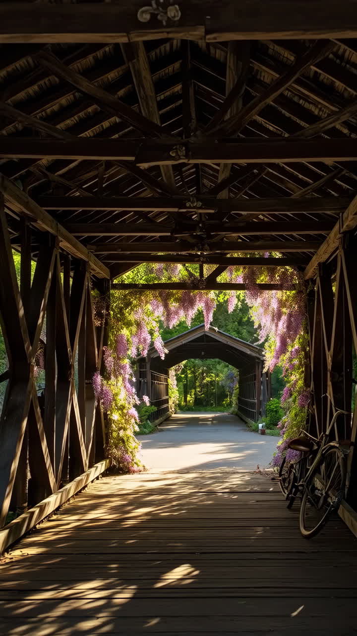 Sunlit Wisteria Covered Wooden Bridge with Bicycles