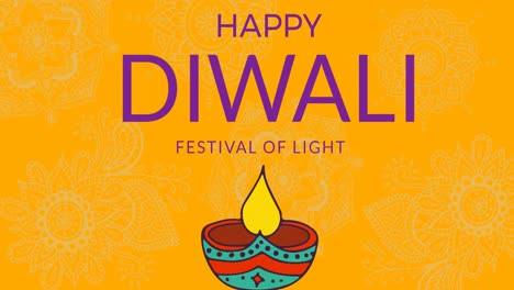 animación de feliz texto de diwali y vela en fondo naranja