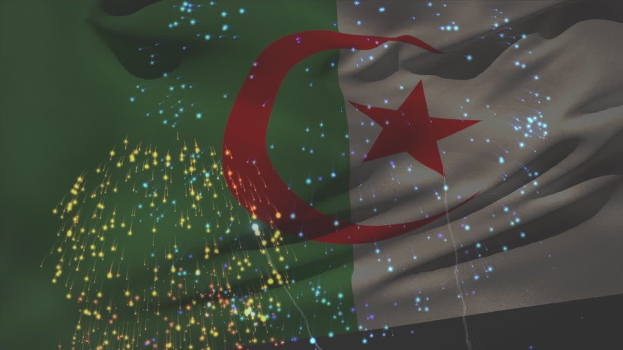 Cezayir bayrağının havai fişekler üzerinde dalgalanması animasyonu