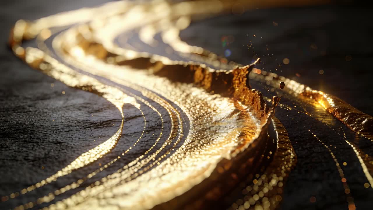 Un nastro color oro metallizzato entra da sinistra, scorrendo diagonalmente su un substrato scuro e granuloso e formando delle creste.