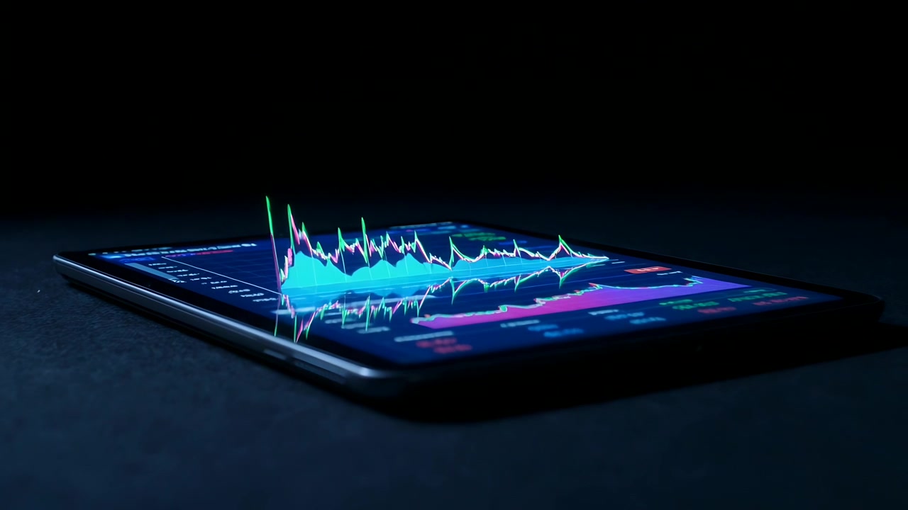 Tablet animato al lancio in studio, che proietta un grafico 3D colorato con riflesso di vetro per informare.