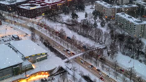 stunning winter snowflakes snowfall, downtown helsinki, finland