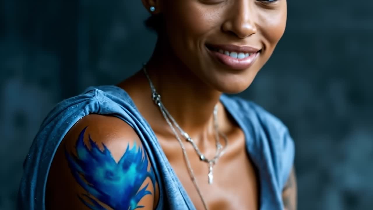 A woman with a blue tattoo on her arm