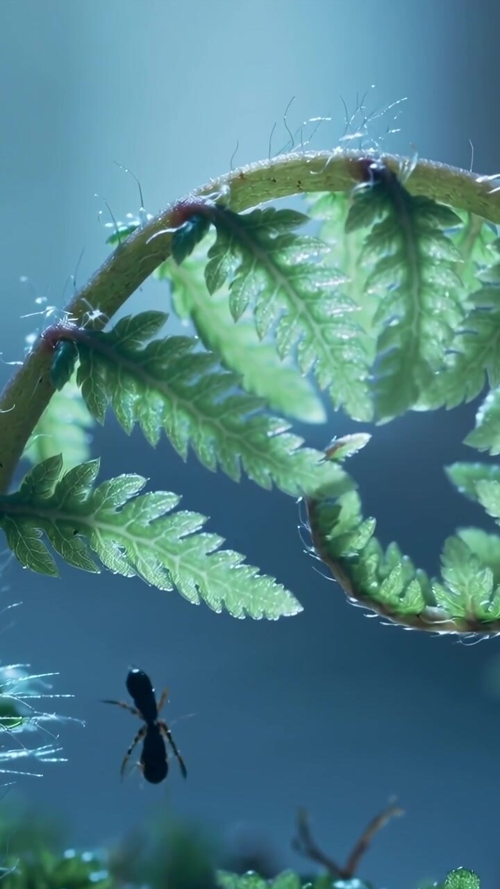 Video verticale: In risposta alla retroilluminazione, una fronda di felce arricciata si dispiega sopra il muschio, una formica si muove sotto