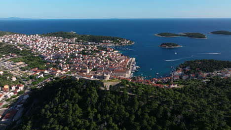 hvar town and islands in the adriatic sea seen from fortica fortress in hvar island, croatia. - aerial shot