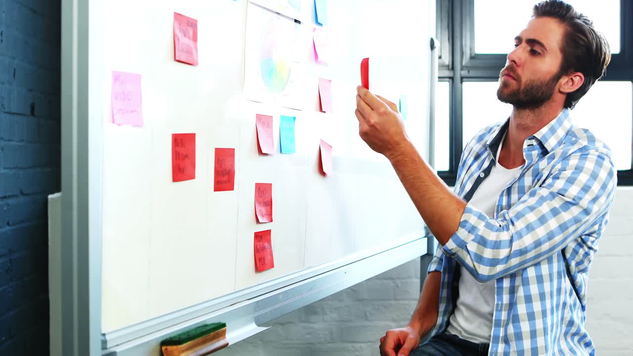 hombre poniendo notas adhesivas en la pizarra