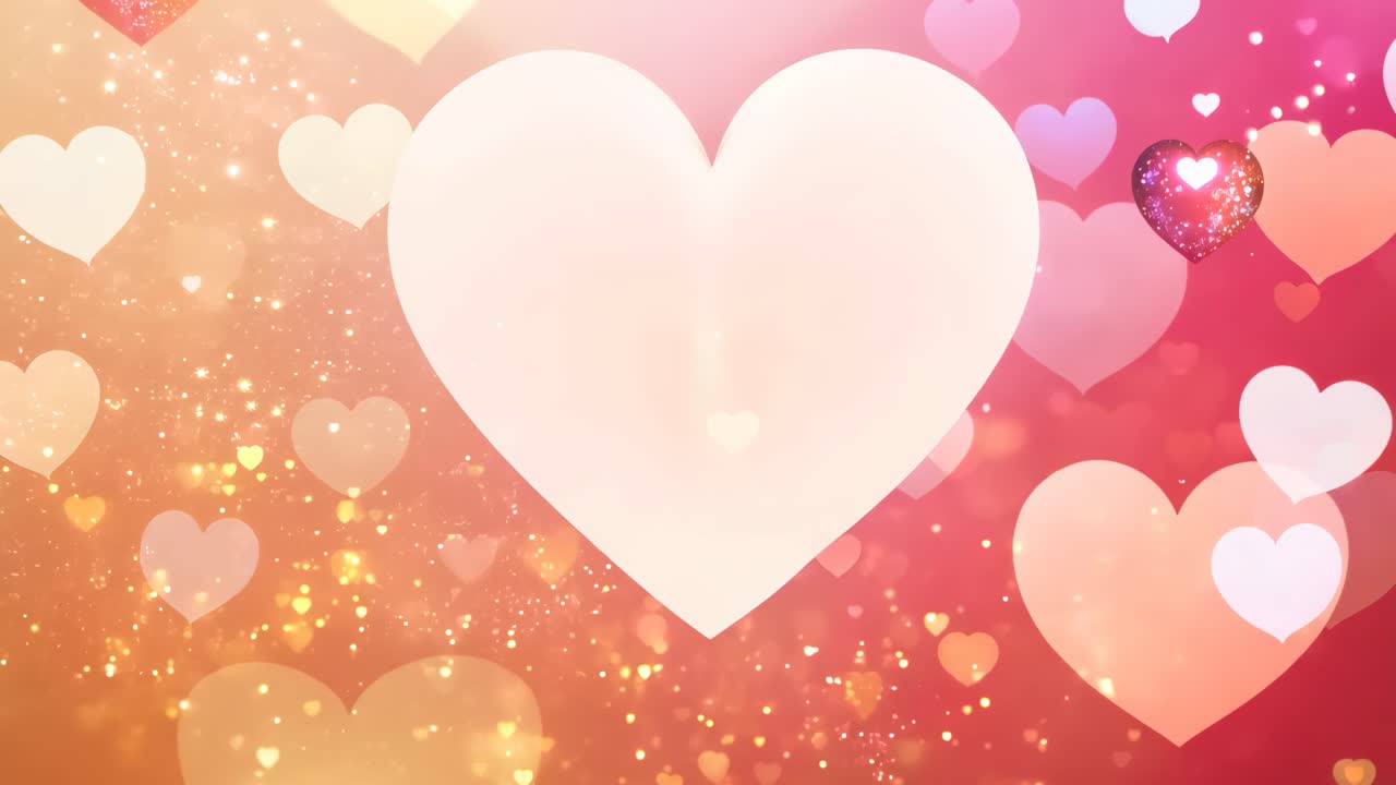 A heart-shaped background with many hearts scattered around it. The background is orange and pink, and the hearts are white. Concept of love and warmth