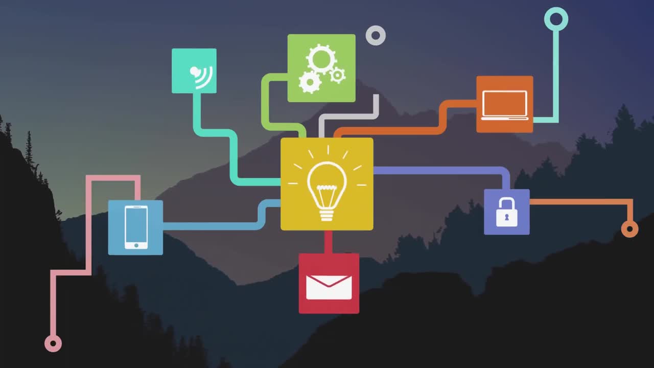 Network of connection icons against mountain in background
