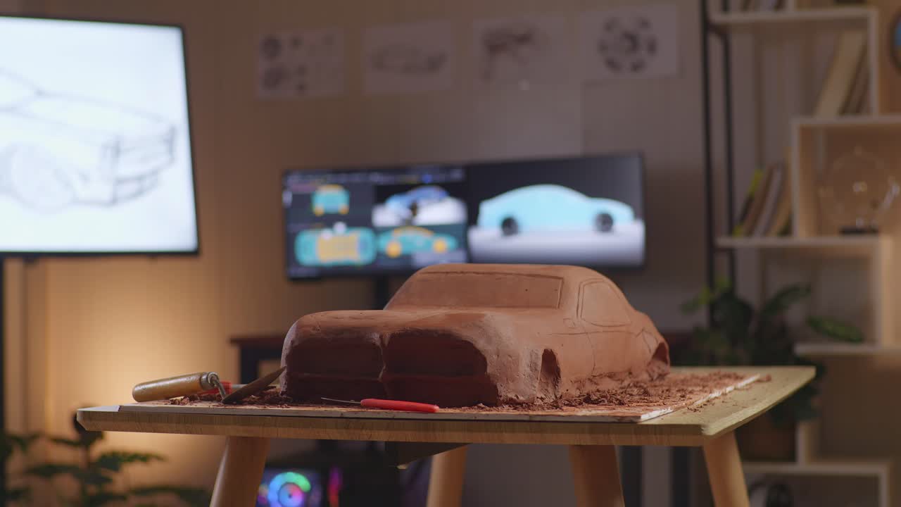 자동차 점토 조각은 tv와 컴퓨터 디스플레이 3d 전기 자동차 모델과 함께 스튜디오의 테이블에 있습니다.