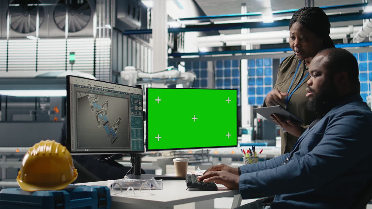 Engineers working with a green screen monitor
