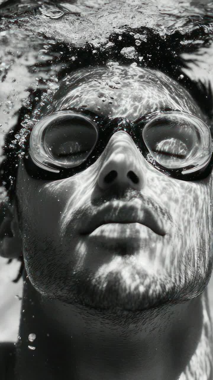Black and white underwater video concept with a close-up angle of a person wearing goggles