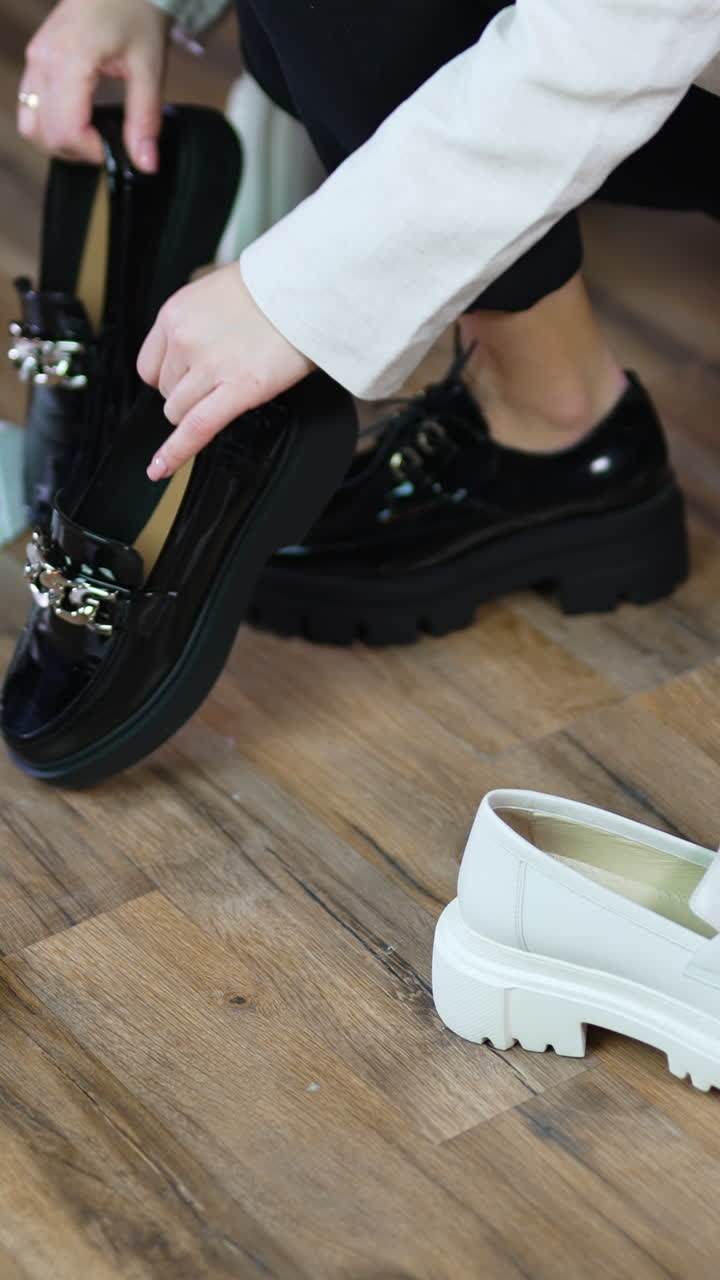 Woman in massive black shoes walks among the scattered footwear. Lady picks up another pair of black shoes leaving white ones on the floor. Vertical video